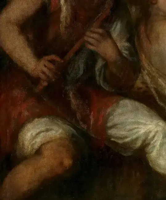 Nymph and Shepherd by Titian: The animal adds an uncertain cue
