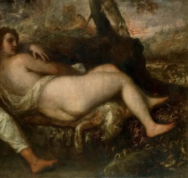 Nymph and Shepherd by Titian: The reclining figure controls the lower diagonal