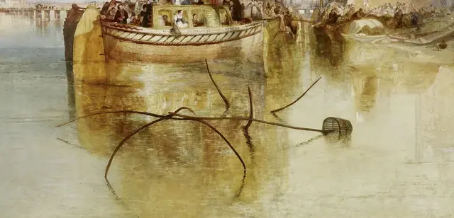 Cologne, the Arrival of a Packet-Boat: Evening by J. M. W. Turner: Foreground ropes draw the viewer into the landing