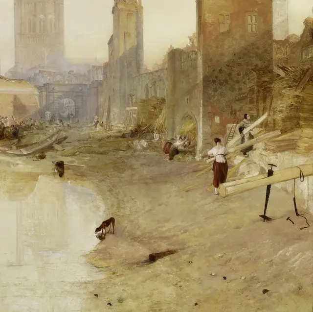 Cologne, the Arrival of a Packet-Boat: Evening by J. M. W. Turner: The bank shows arrival as physical work