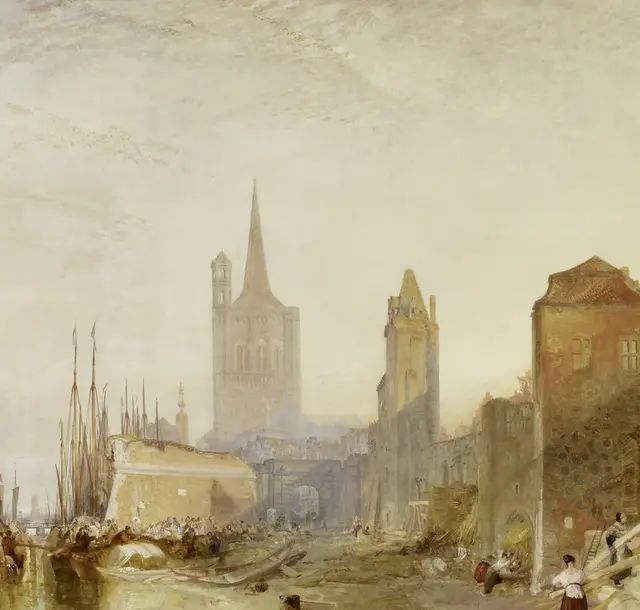 Cologne, the Arrival of a Packet-Boat: Evening by J. M. W. Turner: The towers identify a city through haze