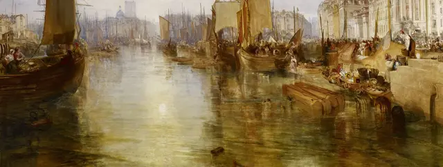 Harbor of Dieppe: Changement de Domicile by J. M. W. Turner: Reflections connect moving craft to unstable water