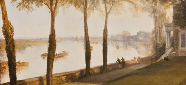 Mortlake Terrace: Early Summer Morning by J. M. W. Turner: Small boats keep the distance active